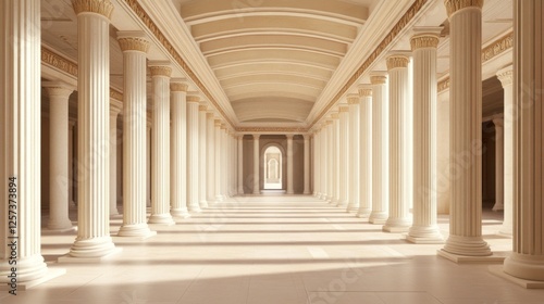 Sunlit classical colonnade hall interior
