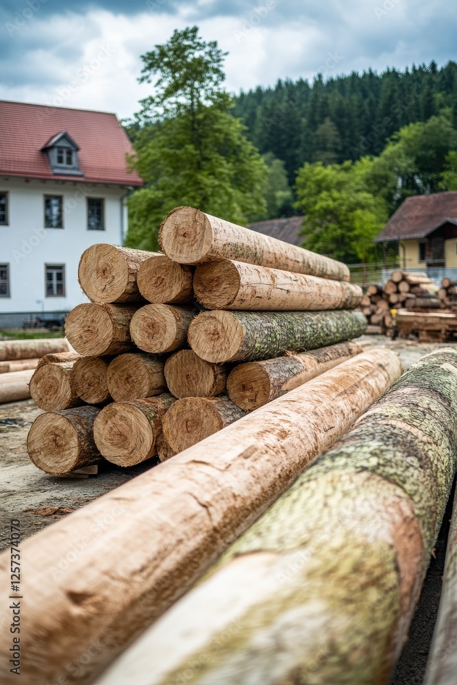 Stack of Freshly Cut Spruce Logs in a Serene Forest Clearing Stack of Freshly Cut Spruce Logs in a Serene Forest Clearing