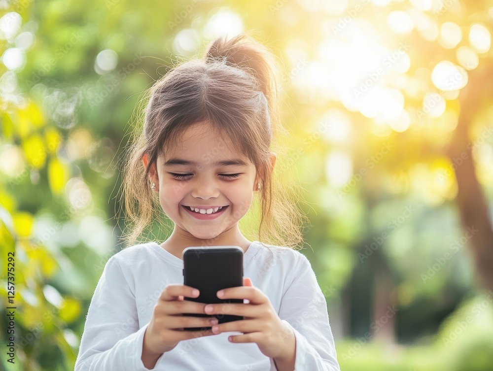 Little girl smiles while looking at her smartphone in a cheerful indoor setting with colorful decorations Little girl smiles while looking at her smartphone in a cheerful indoor setting with colorful decorations