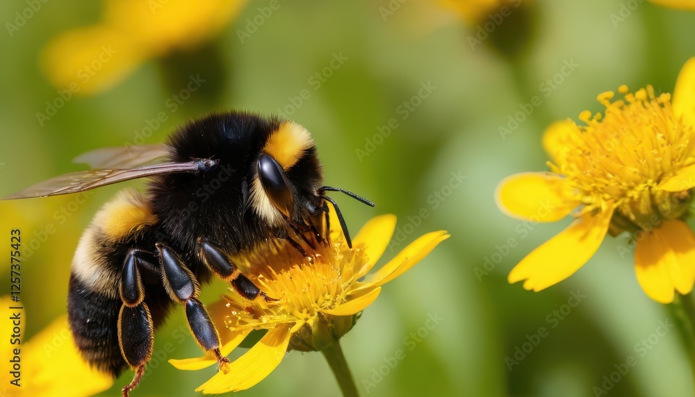 A bumblebee feeding on wildflowers, its body covered in fine pollen particles, surrounded by a lush green background, captured in stunning high detail and vibrant colors A bumblebee feeding on wildflowers, its body covered in fine pollen particles, surrounded by a lush green background, captured in stunning high detail and vibrant colors