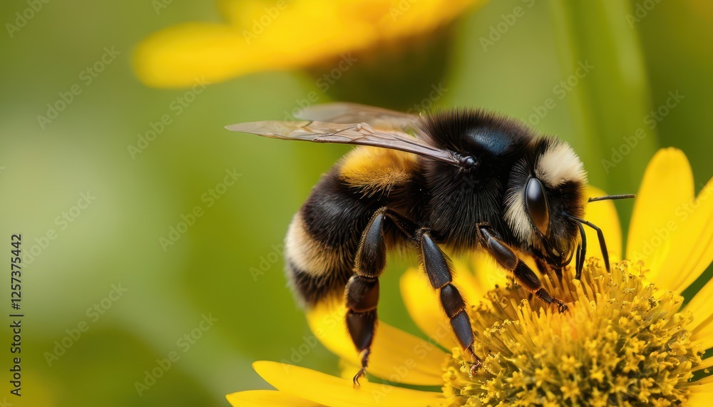 A macro shot of a bumblebee pollinating bright yellow blossoms, highlighting its black and yellow striped body, fine hairs covered in pollen, and translucent wings in soft light. A macro shot of a bumblebee pollinating bright yellow blossoms, highlighting its black and yellow striped body, fine hairs covered in pollen, and translucent wings in soft light.