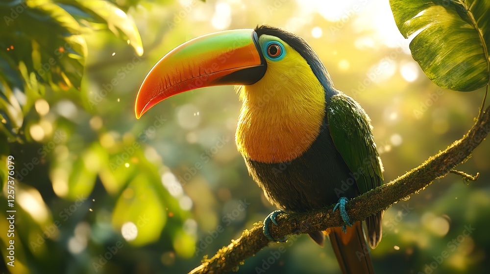 Fototapeta premium Toucan tropical bird sitting on a tree branch in natural wildlife environment in rainforest jungle : Generative AI