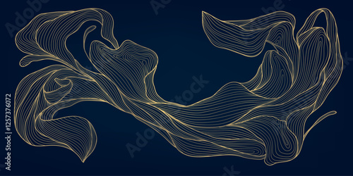 Vector gold abstract wave background, luxury curve graphic card, line premium shape banner, geometric flow cover. Japanese illustration.