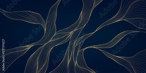 Vector gold abstract wave background, luxury curve graphic card, line premium shape banner, geometric flow cover. Japanese illustration.