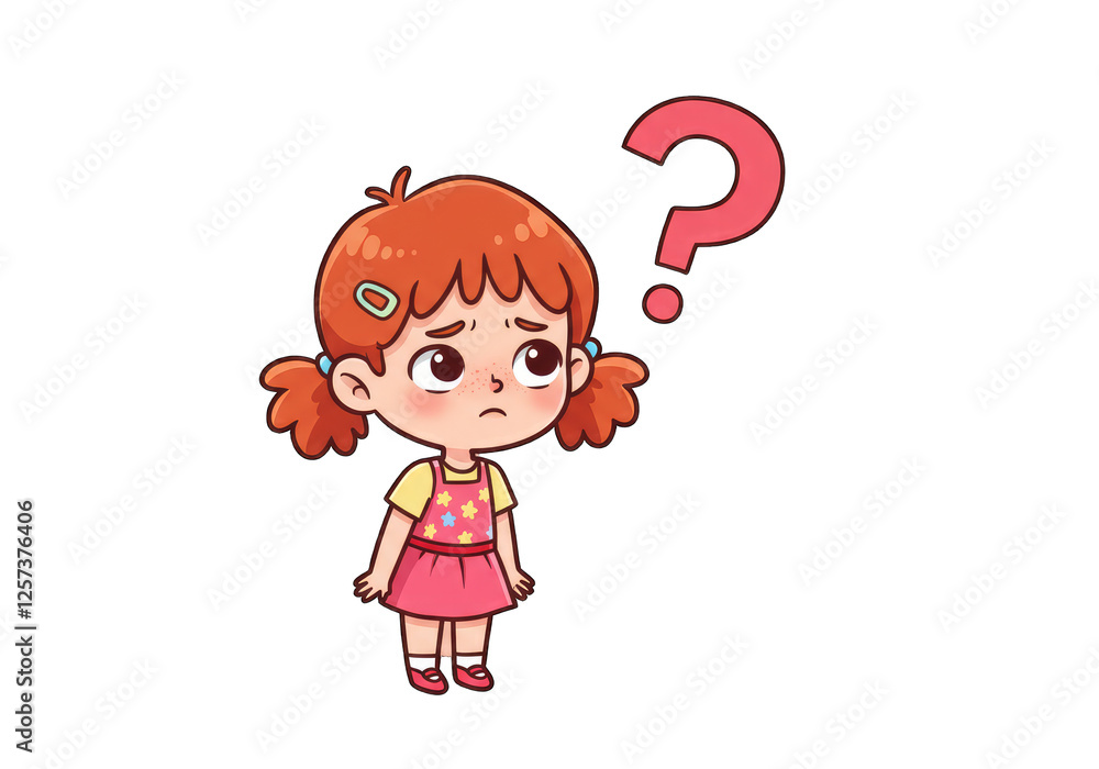 A cute cartoon girl looks sad and confused with a question mark above her head Perfect for websites blogs or children's books A cute cartoon girl looks sad and confused with a question mark above her head Perfect for websites blogs or children's books