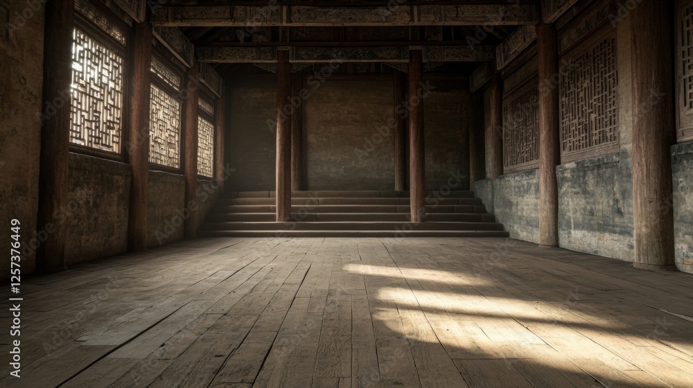 Ancient Chinese Hall Sunlit Wooden Floor Ancient Chinese Hall Sunlit Wooden Floor