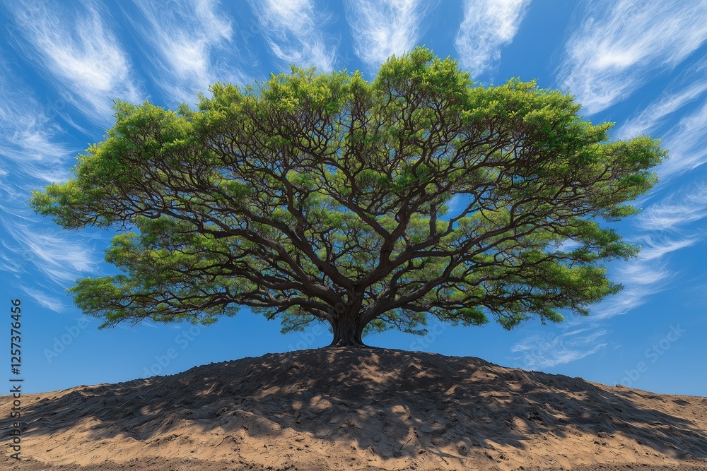 A large, lush tree with a sprawling canopy on a sandy hill under a bright blue sky. A large, lush tree with a sprawling canopy on a sandy hill under a bright blue sky.