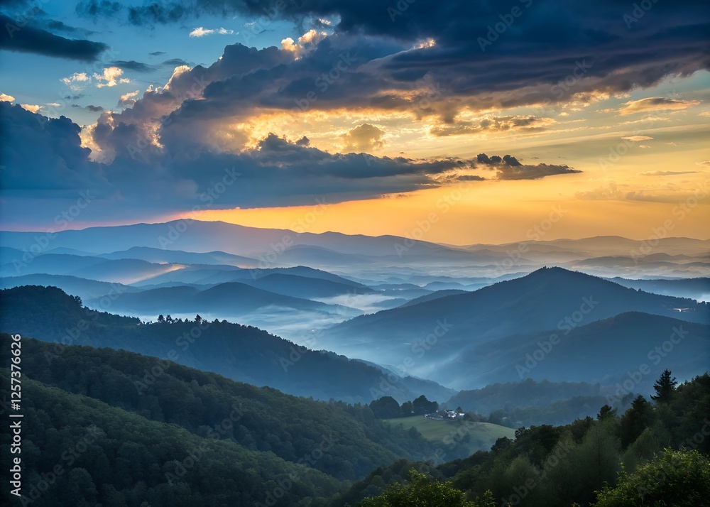 Fototapeta premium Blue golden sky sunrise dramatic beautiful mountain landscape. Dawn sky gold dusk time cloudy landscape with sunlight. Dramatic sunset over a mountain landscape. Beautiful landscape misty hills twilig