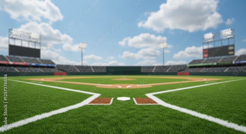 Fototapeta premium Green baseball field with stadium seats under sunny blue sky