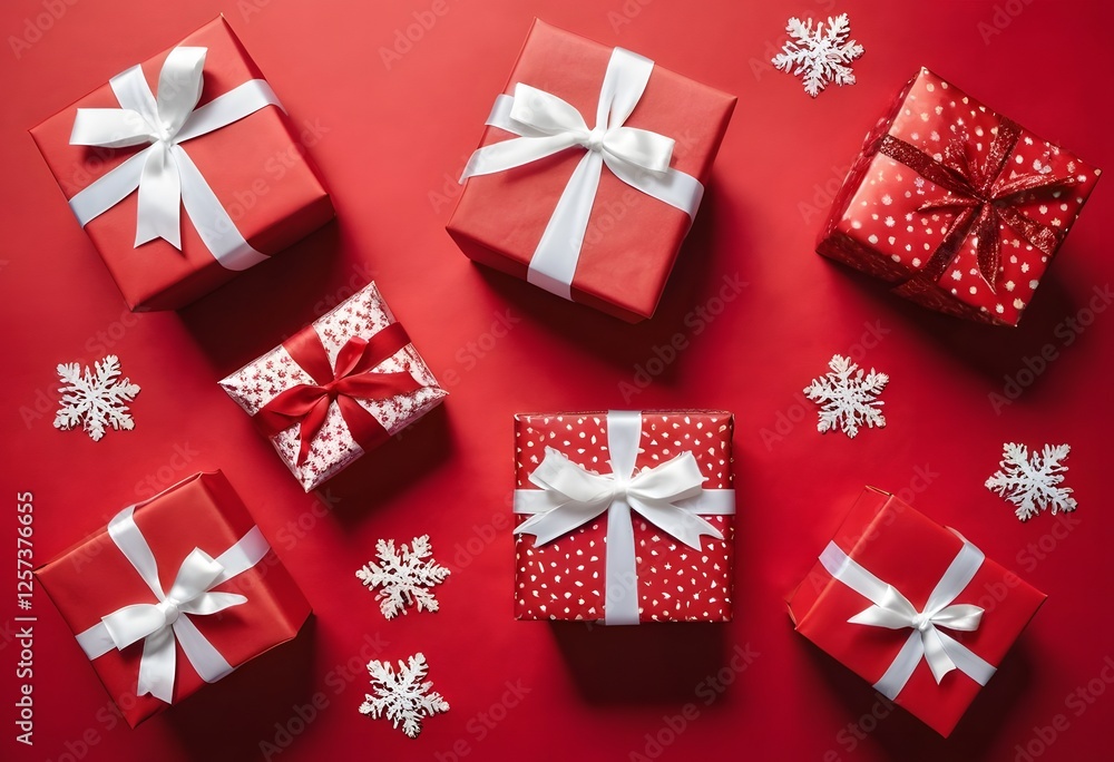 Collection of red gift boxes with white ribbons and bows Collection of red gift boxes with white ribbons and bows