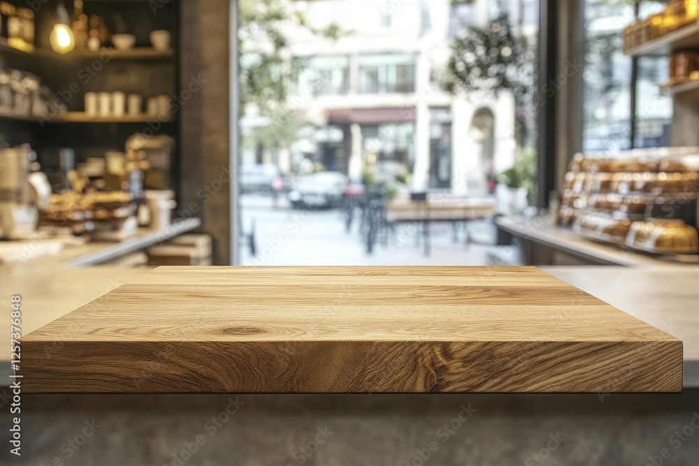 Wooden counter, cafe, city view, product display, backdrop Wooden counter, cafe, city view, product display, backdrop