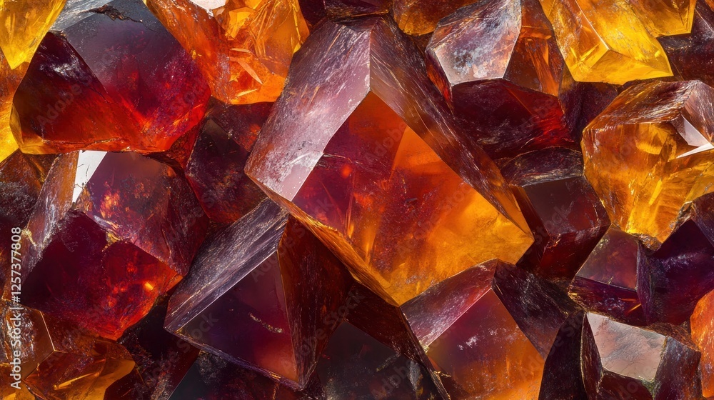Close-up of lustrous amber crystals with rich red and orange hues. Close-up of lustrous amber crystals with rich red and orange hues.