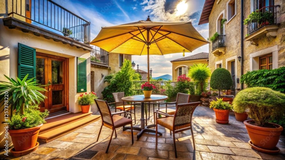 Obraz premium Sunny patio furniture: inviting outdoor cafe with umbrella, chairs, and relaxing ambiance.