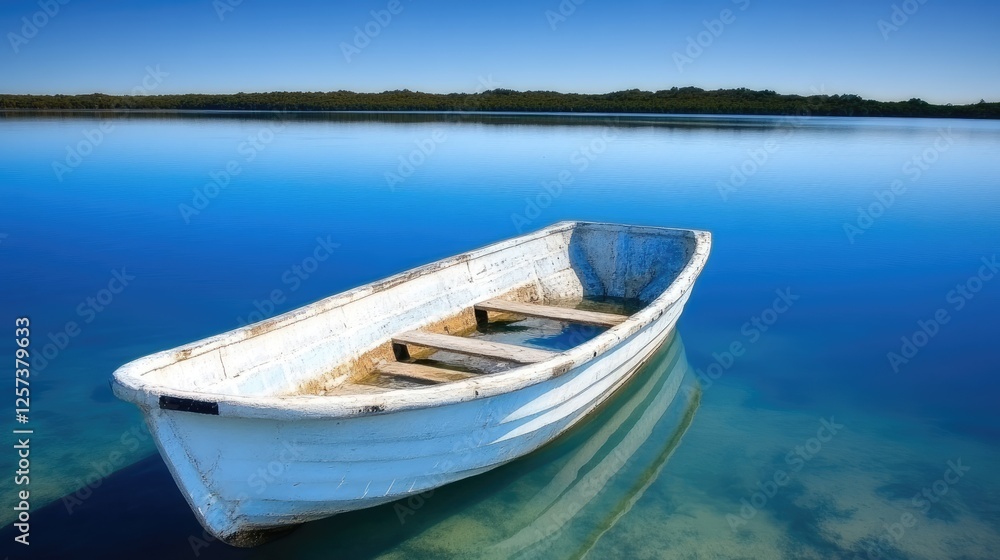 Naklejka premium A bright blue lake at midday, with a single rowboat drifting on its surface