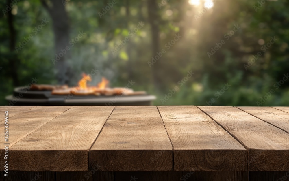 Rustic Oak Table: A sturdy wooden table with a rich, textured grain in the foreground, set against a softly blurred background of a backyard grill with glowing charcoal and sizzling food. Rustic Oak Table: A sturdy wooden table with a rich, textured grain in the foreground, set against a softly blurred background of a backyard grill with glowing charcoal and sizzling food.