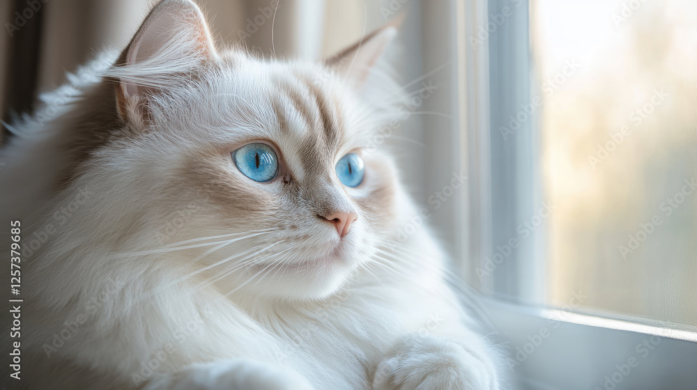 Fluffy white cat with striking blue eyes enjoys a moment by the window at home. Banner. Copy space Fluffy white cat with striking blue eyes enjoys a moment by the window at home. Banner. Copy space