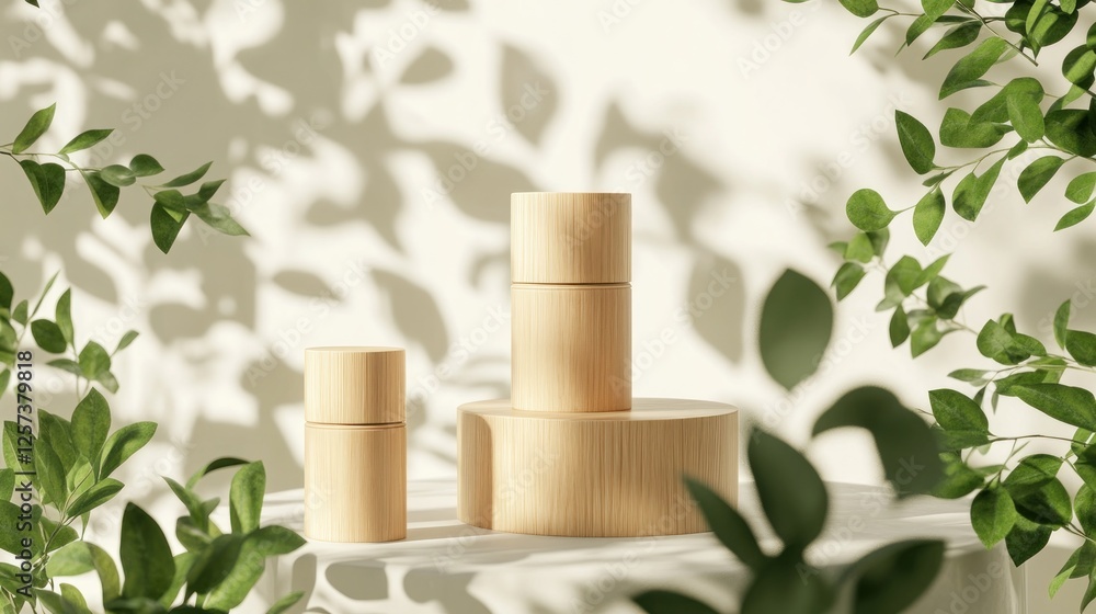 Wooden product display, sunlight, leaves, minimalist background, mock-up Wooden product display, sunlight, leaves, minimalist background, mock-up