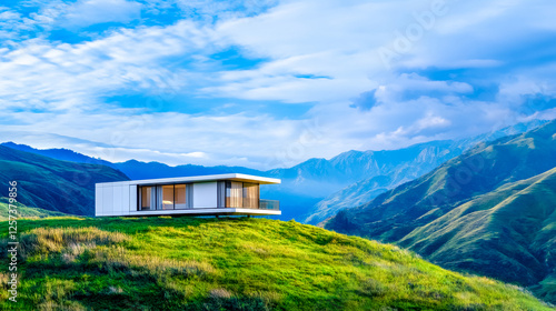 Modern, prefabricated house standing on a green hill with mountain landscape