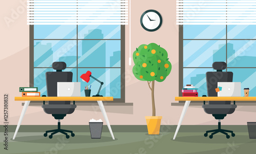 Office interior with workplaces and equipment. Open space. Commercial real estate for rent.
