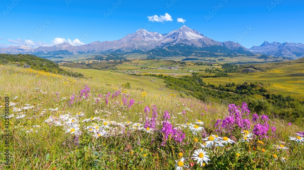 Fototapeta premium Mountain meadow wildflowers summer landscape scenic travel poster (4)