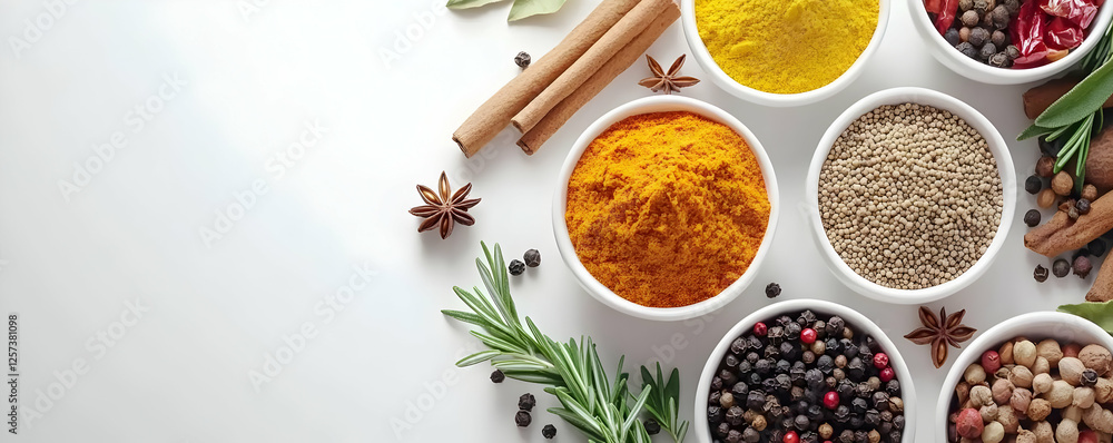 Colorful spices in bowls, herbs, food background Colorful spices in bowls, herbs, food background