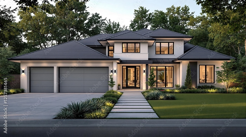 Modern two-story home with spacious garage and lush landscaping Modern two-story home with spacious garage and lush landscaping