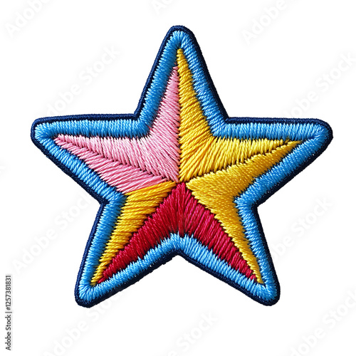 Colorful embroidered star patch on white & transparent a background.