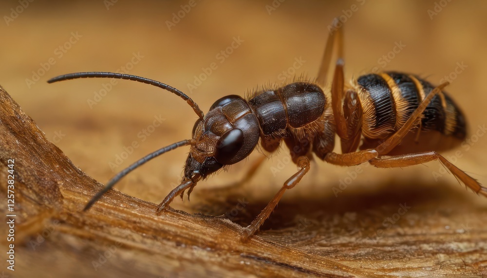 An extreme macro image of a termite foraging, revealing its large compound eyes, segmented body, and tiny sensory hairs in a warm, earthy environment An extreme macro image of a termite foraging, revealing its large compound eyes, segmented body, and tiny sensory hairs in a warm, earthy environment