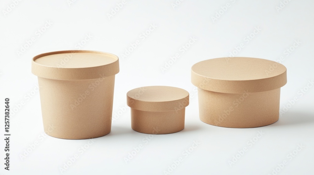 Three beige cardboard containers on white background; packaging mockup Three beige cardboard containers on white background; packaging mockup