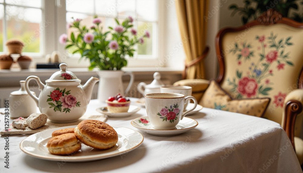 Elegant Victorian tea setting with crumpets and floral accents, nostalgia Elegant Victorian tea setting with crumpets and floral accents, nostalgia