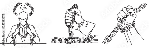 continuous one single line art doodle drawing of businessman with broken chains illustration on white background