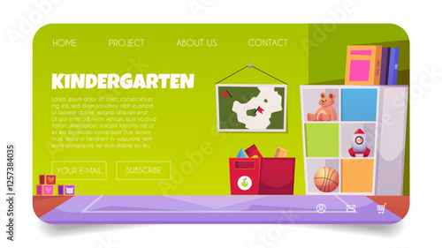 Kindergarten educational website web page banner with cabinet, toys, storage box, map and books.