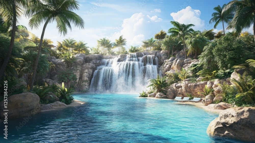 Naklejka premium A tropical waterfall pouring into a blue lagoon, with lush palm trees swaying nearby