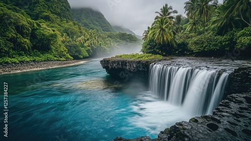 A tropical waterfall pouring into a blue lagoon, with lush palm trees swaying nearby