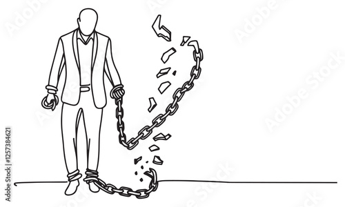 continuous one single line art doodle drawing of businessman with broken chains illustration on white background