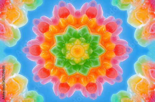 A kaleidoscopic pattern of colorful gummy candies forms an intricate mandala, with bright colors like orange and pink on the outside for contrast against a blue background