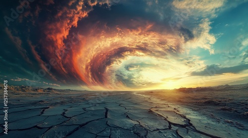 Majestic Cloud Formation Over Arid Landscape at Sunset