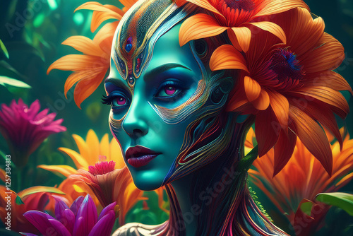 Portrait of an alien woman from unknown planet with traditional makeup and a background of multicolored flowers