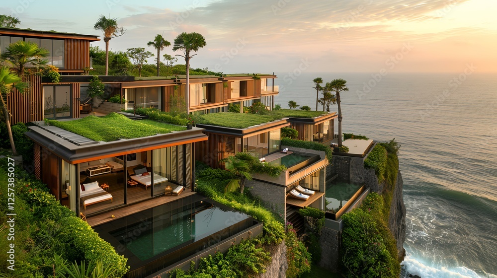 Fototapeta premium Cliffside luxury villas overlooking ocean at sunset. Potential use Travel brochure, luxury resort advertising