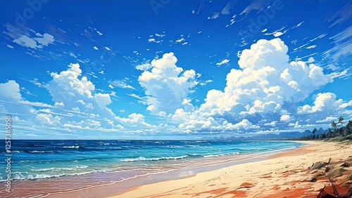 広々とした真夏の大空 砂浜と海 アニメタッチ 水彩手描き風 背景素材 チラシ・バナー・動画素材 AI生成素材