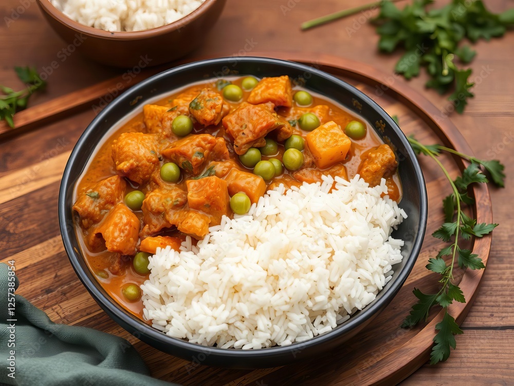 Vegan curry with green peas and basmati rice served on a wooden table tray, healthy Indian comfort food, curry, vegetarian, green peas