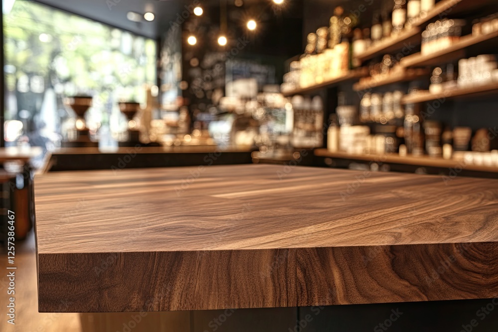 Wooden counter, cafe interior, product display, blurred background Wooden counter, cafe interior, product display, blurred background