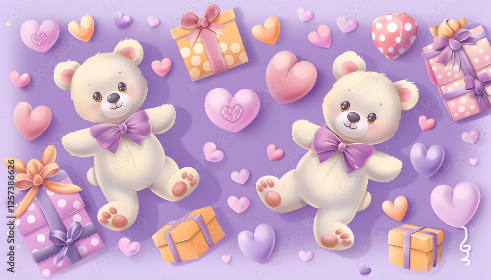 Illustration - Cute Teddy Bears, Hearts, and Gifts on Purple Background