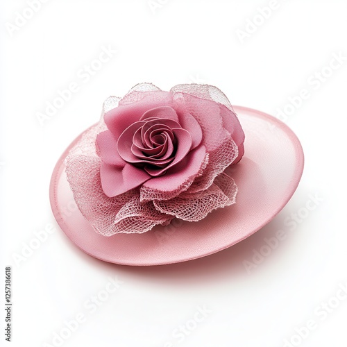 Pink rose hat fascinator, wedding detail, white backdrop