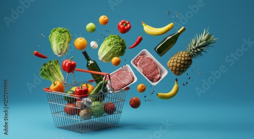Vibrant grocery basket with flying vegetables, fruit, and meat against blue background