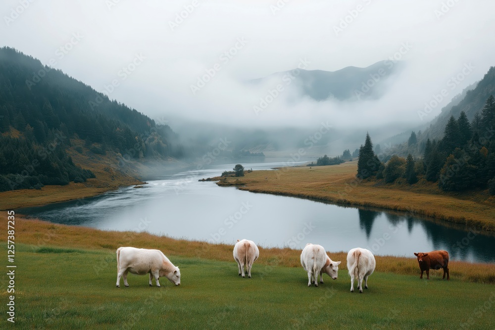 Obraz premium Cows grazing peacefully by a serene lake surrounded by misty mountains in the early morning light. Generative AI
