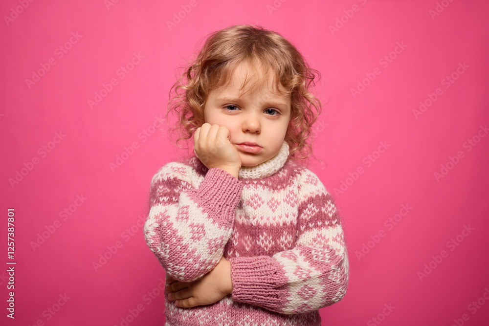 A young child with curly hair is wearing a cozy sweater and has a thoughtful expression. The striking pink backdrop highlights the child's mood and adds vibrancy to the atmosphere A young child with curly hair is wearing a cozy sweater and has a thoughtful expression. The striking pink backdrop highlights the child's mood and adds vibrancy to the atmosphere