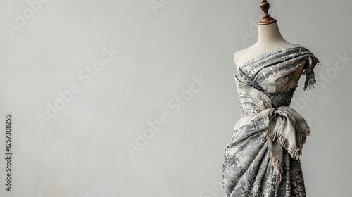 Gray dress on mannequin against light wall; fashion display; studio shot; possible use in fashion catalog or website photo