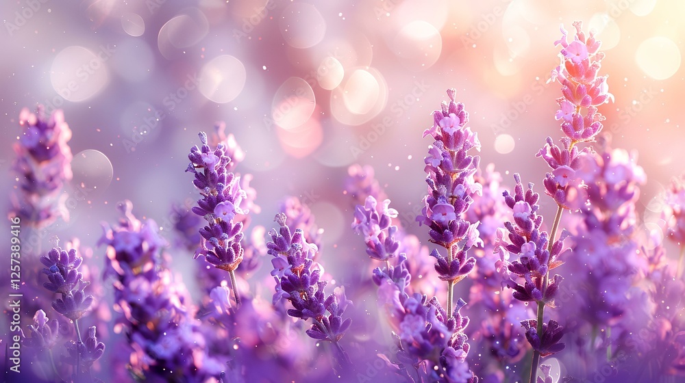Fototapeta premium Lavender field in soft sunlight; beautiful flowers in bloom; serene countryside scene; use in nature-themed design, posters, or wallpapers
