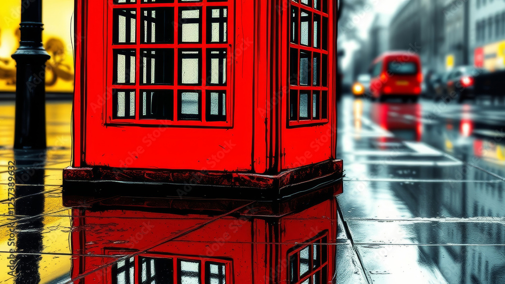 Obraz premium Red telephone booth reflecting on rainy street